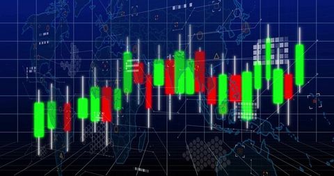 Global financial candlestick chart showing neon candles, white wicks and digital grid