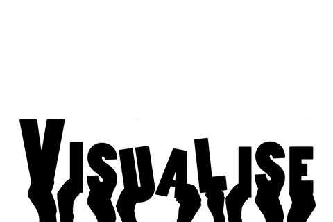 Transparent illustrative hands holding visualise text on clear background