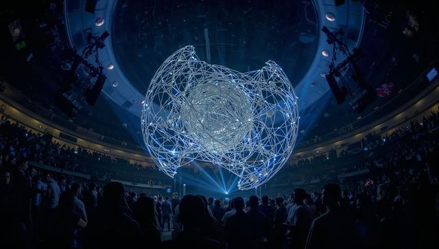 Glowing geometric orb hovering over concert crowd in dark arena with futuristic lights