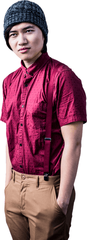 Transparent Portrait of Thoughtful Young Hipster in Beanie and Shirt