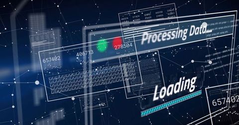 Processing Data Loading HUD Dashboard Showing Cybersecurity Network Mesh and Analytics