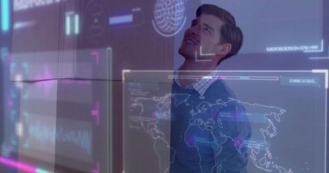 Engineer Interacting with Holographic Digital Interface in Tech Lab