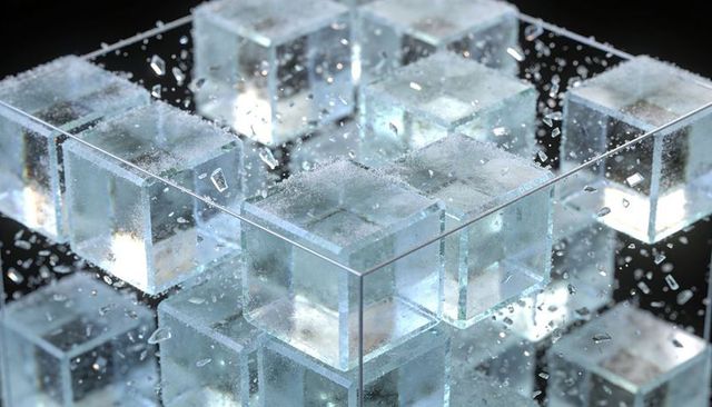 Displaying Frosted Glass Cubes in Transparent Frame with Water Droplets and Shards