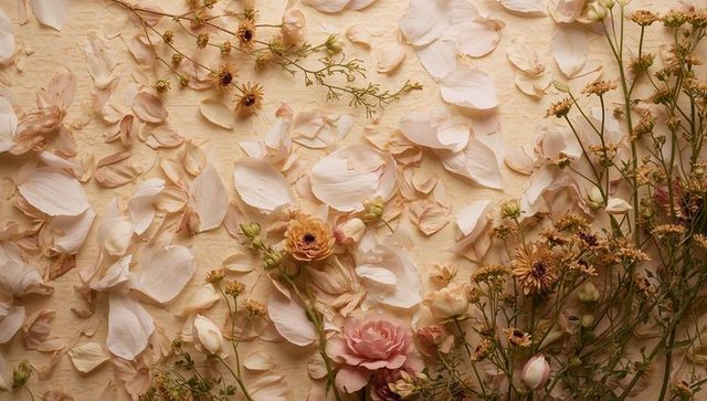 Scattering blush rose petals on warm beige textured backdrop for romantic pastel design