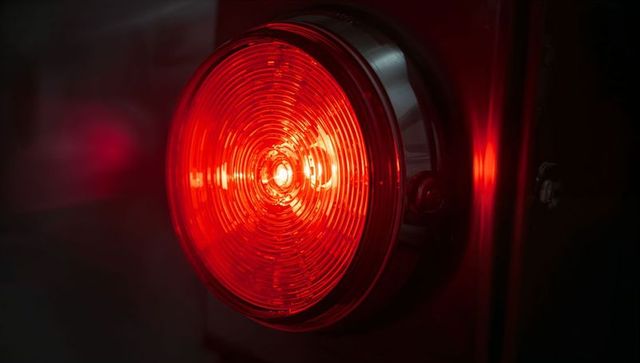 Glowing red taillight casting concentric reflections on chrome bezel and rear panel mount