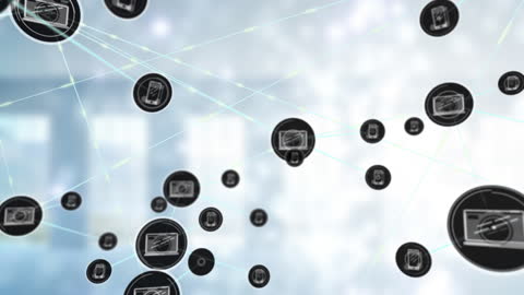 Abstract Digital Network with Tech Icons Over White Background