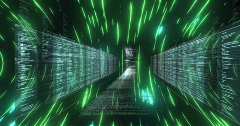 Futuristic Digital Tunnel with Neon Green Streaks in Cyberspace