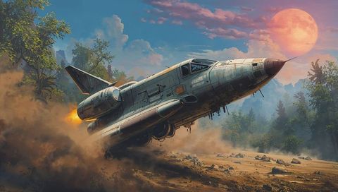 Banking combat jet roaring through forest dust at twilight, twin afterburners blazing