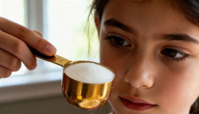 Child holding gold measuring scoop filled with sugar, studying granules near window