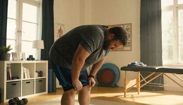 Overweight man resting after workout in home gym with massage table and rehab gear