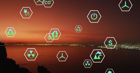 Sustainability Icons Over Evening Landscape Depicting Ecological Harmony - Download Free Stock Images Pikwizard.com