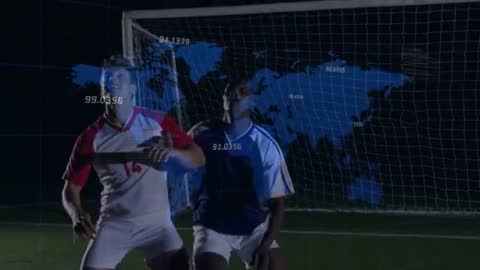 Soccer Players Blocking Ball on Dark Field with World Map Overlay