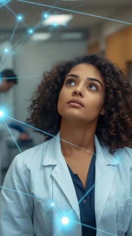 Curious scientist gazing upward monitoring glowing blue network nodes in lab hallway vertical video