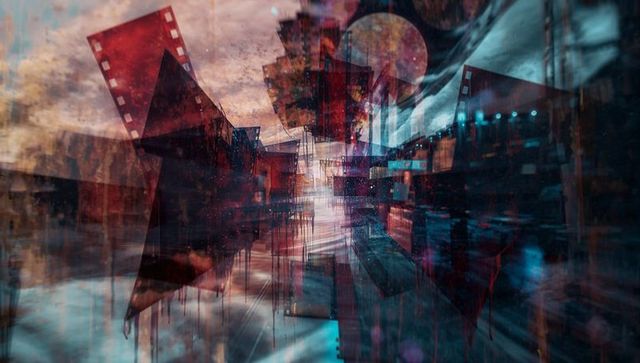 Futuristic Film Strips Overlay in Neon Cityscape