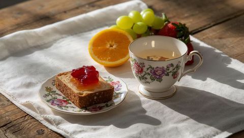 Vintage floral china teacup with jam toast and fresh fruit on rustic wooden table morning light