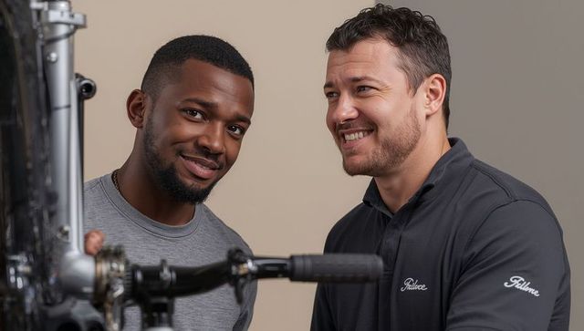 Two men adjusting bicycle fork and handlebar together, teamwork and bike repair