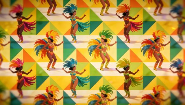 Vibrant carnival dancers pattern with feather headdresses, beaded costumes, geometric tiles