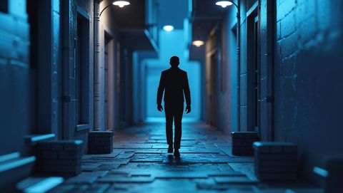 Silhouetted figure walking in mystical urban alley at night
