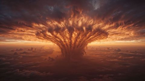 Dramatic mushroom cloud formation at sunrise airstrikes skies