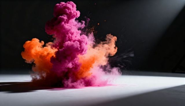 Magenta and Orange Powder Plume Billowing on Studio Floor under Dramatic Spotlight