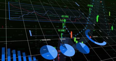Futuristic 3d financial dashboard with neon candlestick charts and blue pie analytics