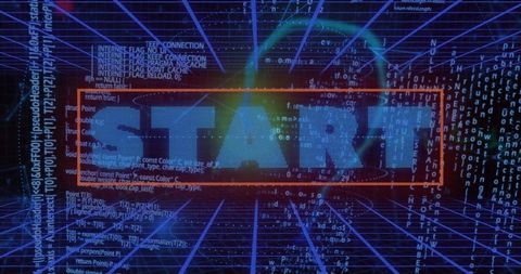 Digital Start Button in Futuristic Cyber Interface with Code