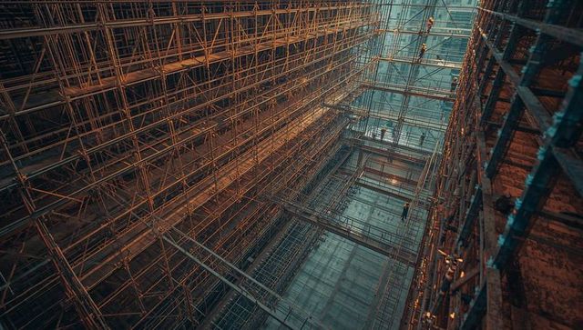 Construction Workers Navigating Dense Scaffolding in High-Rise Building