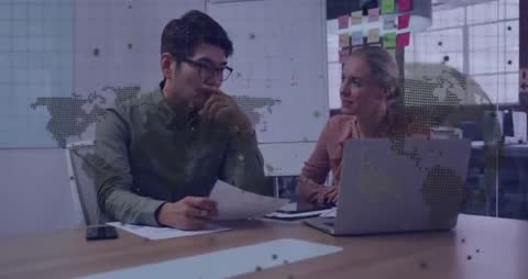 Business Team Analyzing Data with Global Networking Overlay