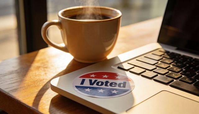 Sunlit laptop bearing 'i voted' sticker beside steaming coffee cup, celebrating civic engagement