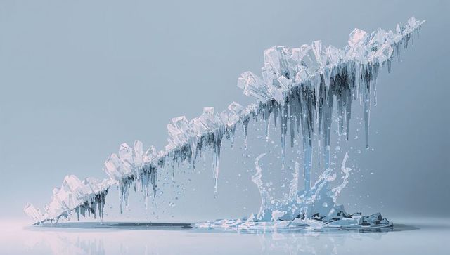 Crystalline arch installation with dripping icicles and frozen splash in minimalist space