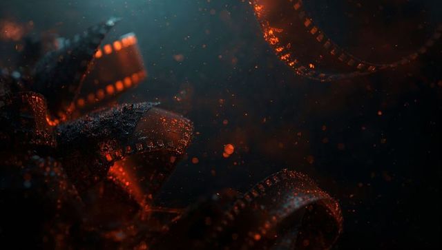 Floating film strips drifting with magical glow in cinematic space