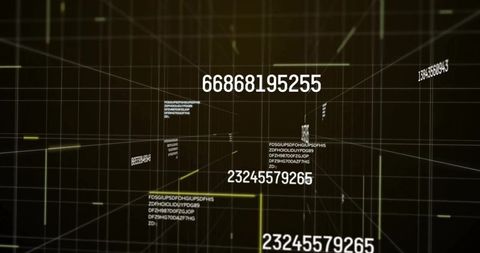 Moving Camera Revealing Digits and Data Blocks in Neon Grid Tunnel Holographic Matrix