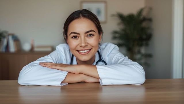 Smiling asian doctor in clinic leaning at desk with stethoscope