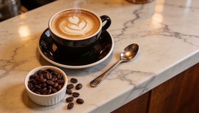 Steaming rosette latte in black cup on marble countertop with coffee beans and spoon