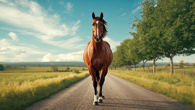 Chestnut horse walking on rural road with trees and fields