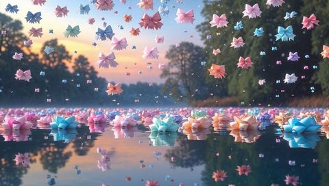 Pastel Origami Bows Floating on Tranquil Lake at Sunset