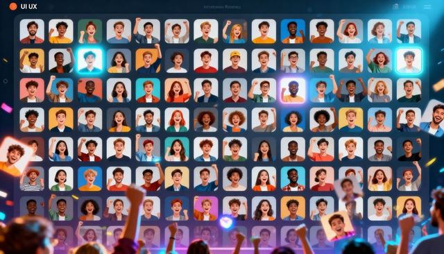 Cheering audience watching massive virtual headshot grid on stage