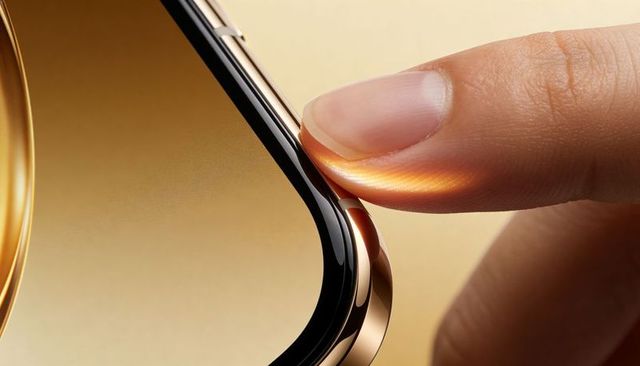 Gold smartwatch crown pressed by fingertip macro close-up showing polished bezel