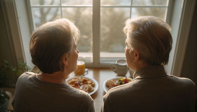 Senior couple sharing cozy breakfast with pancakes and coffee by sunny window