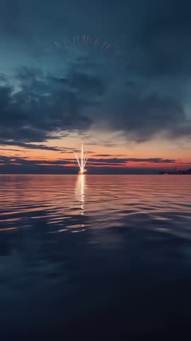 Vertical Sunset Fireworks Over Calm Sea Fountain Launch Bursting At Dusk With Reflection