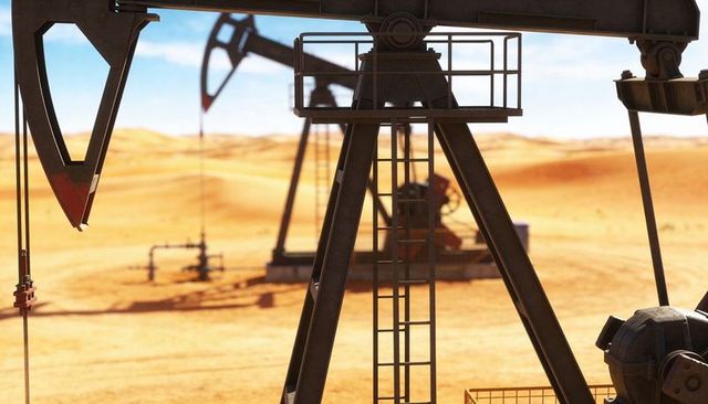 Desert pumpjack towering over sand dunes with ladder and horsehead for oil production