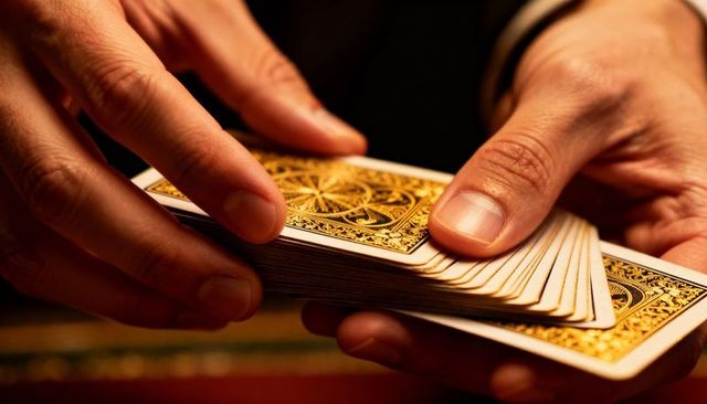 Riffle-shuffling gold-backed playing cards with dexterous hands and warm tones