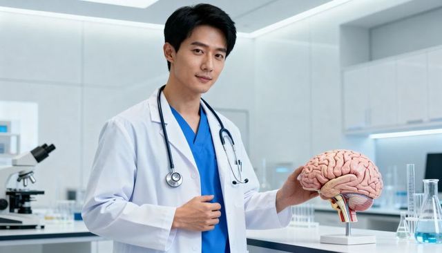 Asian male doctor holding brain model in modern medical lab for neuroscience research and education
