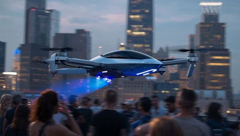 Hovering futuristic quadcopter drone emitting blue beam above rooftop crowd at dusk
