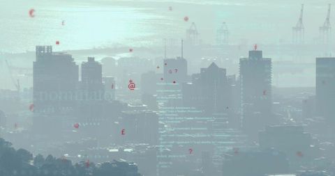 Cyberpunk Skyscrapers with Digital Code Overlay Harbor