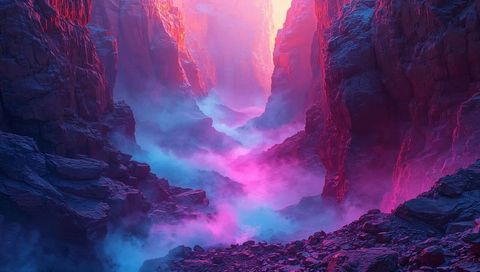 Glowing mist filling neon canyon gorge with jagged cliffs and iridescent sunrise glow