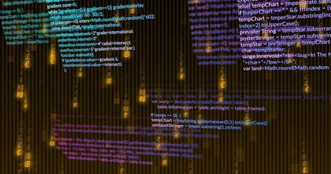 Streaming neon code and currency glyphs on striped data bars for cyber fintech visualization