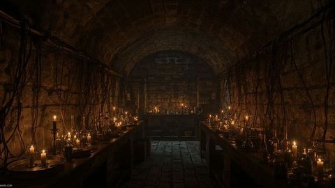 Frankenstein ancient stone vault lit by flickering candlelight