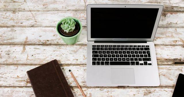 Rustic Workspace with Laptop, Notebook, and Succulent Plant - Download Free Stock Images Pikwizard.com