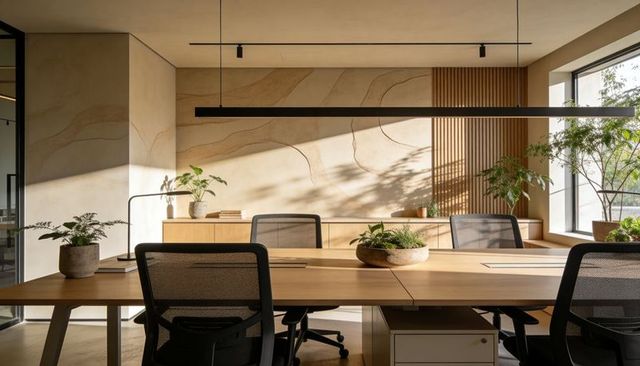 Sunlit minimalist office featuring long wooden conference table and mesh chairs